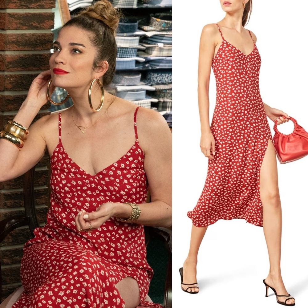 Reformation Red and White Midi Sundress with Spaghetti Straps